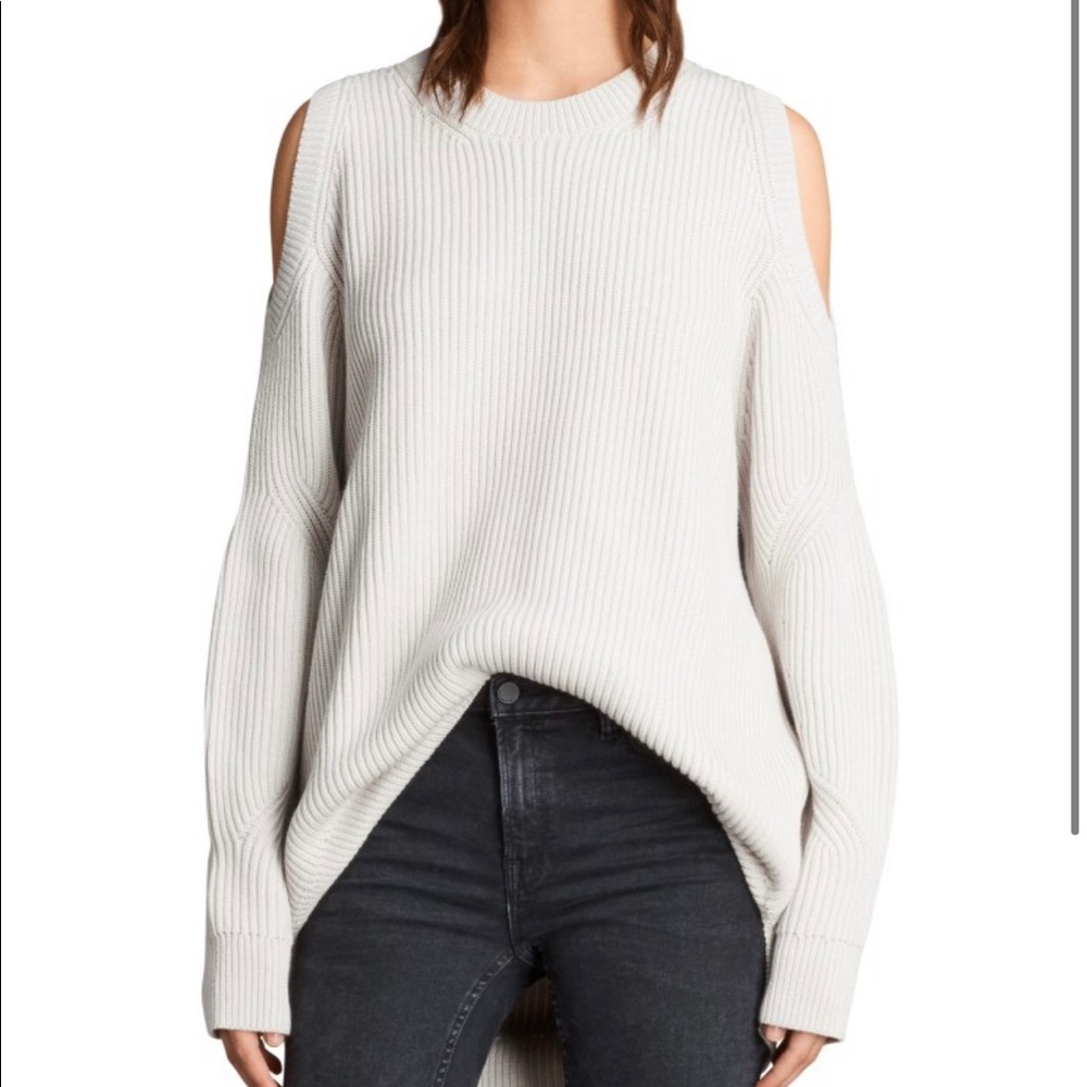 AllSaints Cream Cold-Shoulder Ribbed Crewneck Sweater